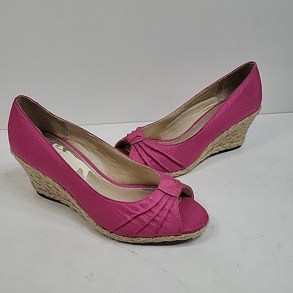 LifeStride Sz 8.5 Pink Espadrille Flats Peep Toe Bow Comfort Summer Shoe Barbie